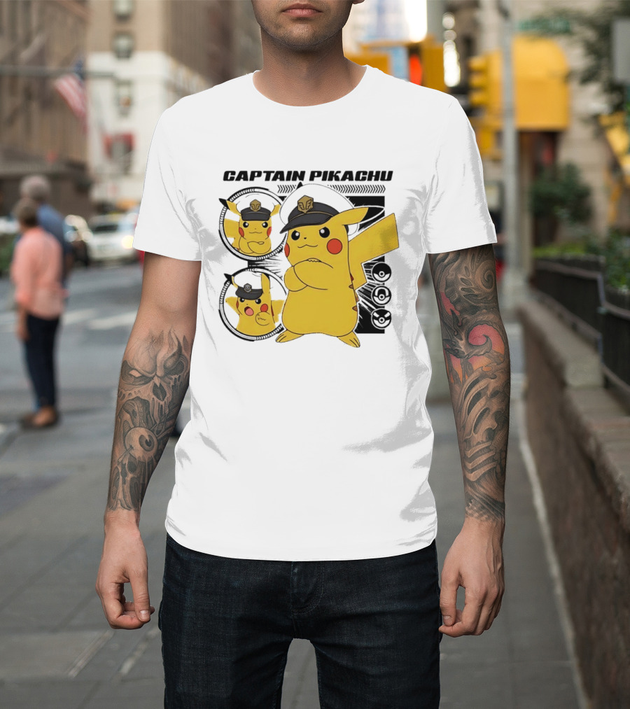 Captain Pikachu Cartoon Character With Hat And Expressions T-Shirt