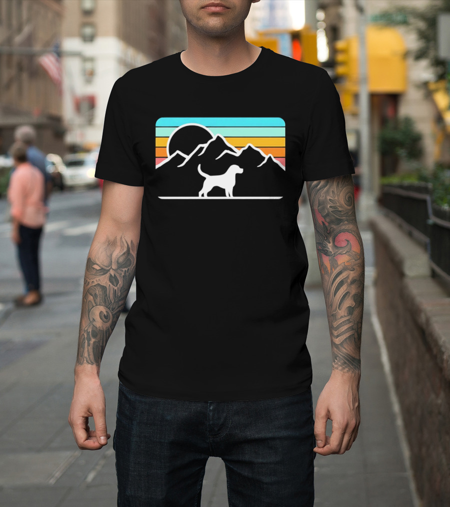 Dog With Mountain Retro Sunset T-Shirt