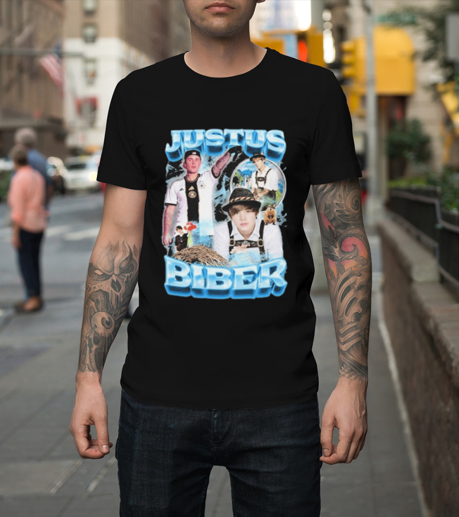 Justus Biber Justin Bieber Bavarian Inspired Collage Football Lederhosen T-Shirt