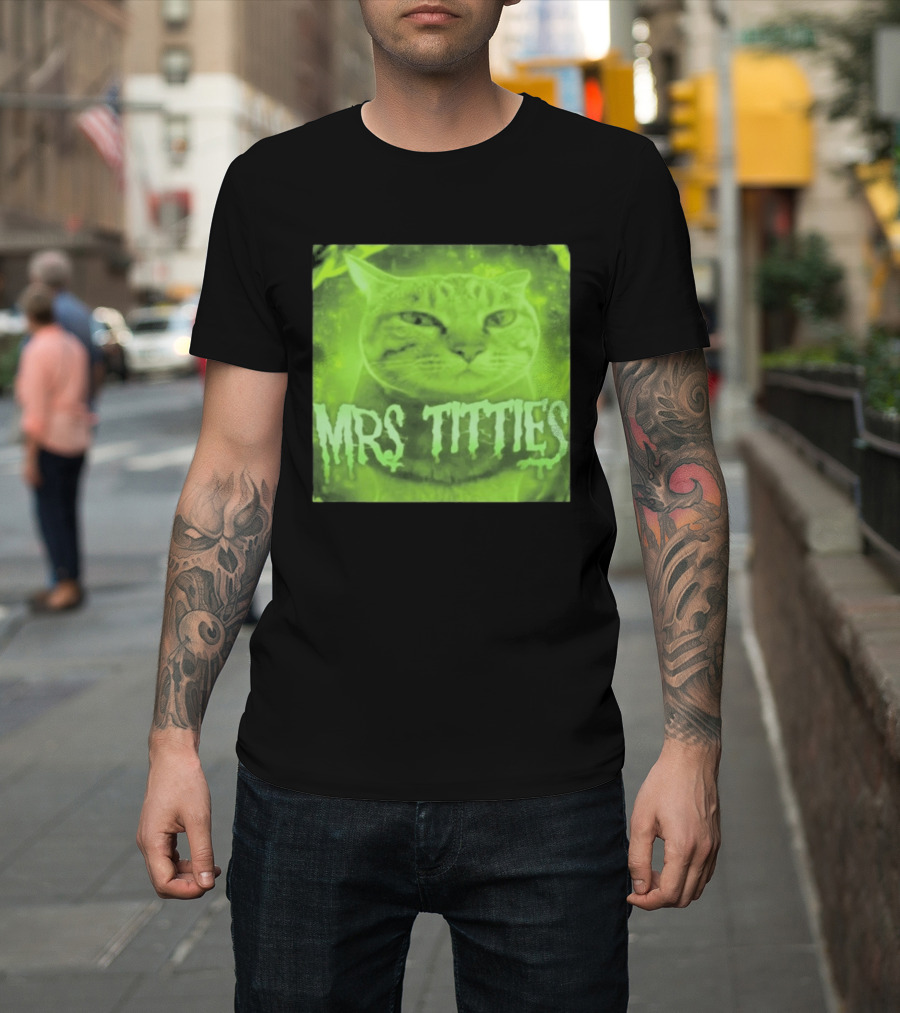Mrs Titties Cat Glowing Neon Green Feline T-Shirt