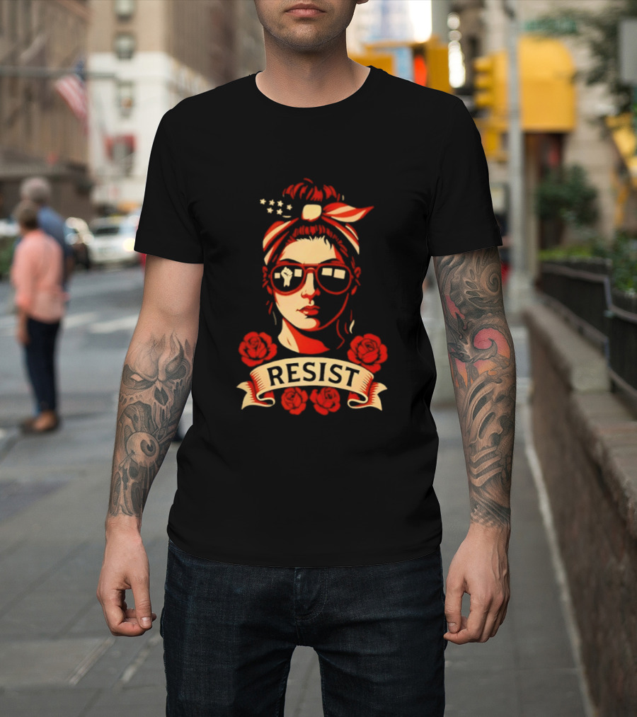 Patriotic Woman Resist American Flag Bandana And Glasses With Roses T-Shirt