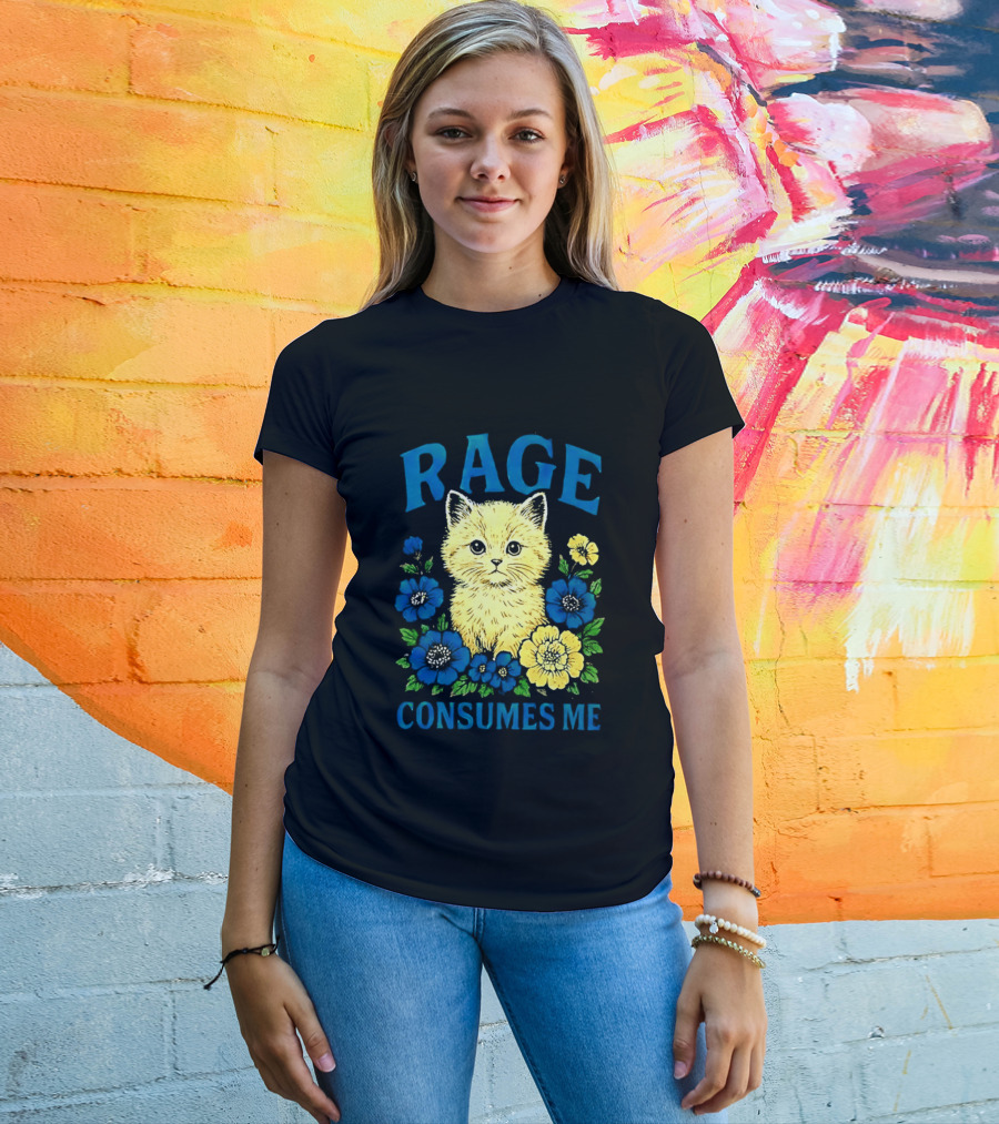 Rage Consumes Me Cat Surrounded By Blue And Yellow Flowers T-Shirt