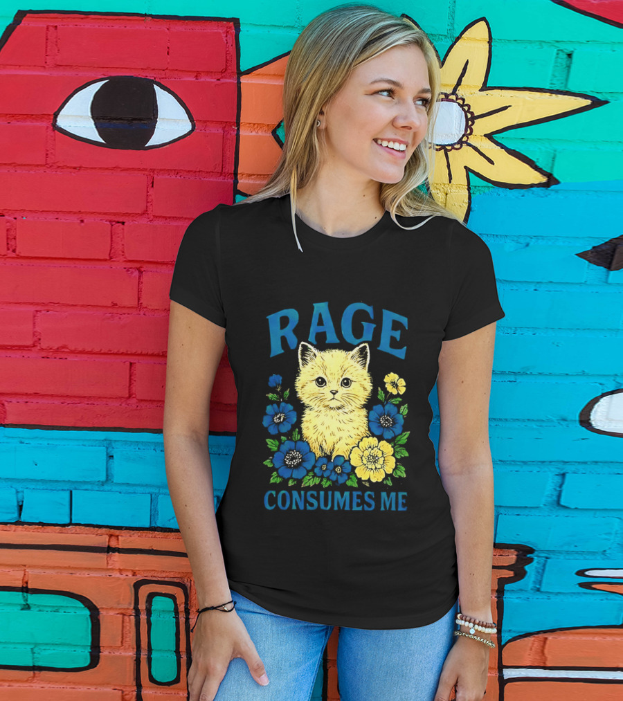 Rage Consumes Me Cat Surrounded By Blue And Yellow Flowers T-Shirt