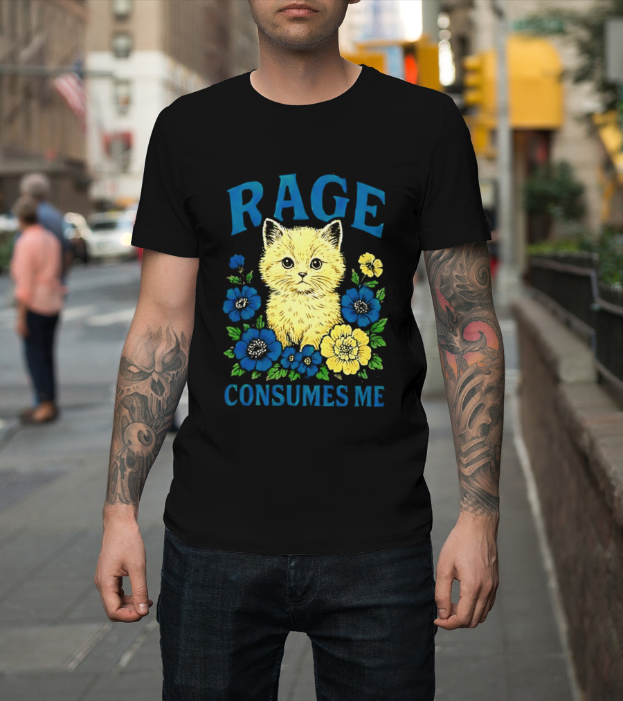 Rage Consumes Me Cat Surrounded By Blue And Yellow Flowers T-Shirt