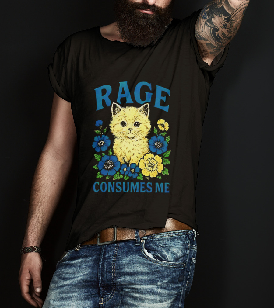 Rage Consumes Me Cat Surrounded By Blue And Yellow Flowers T-Shirt