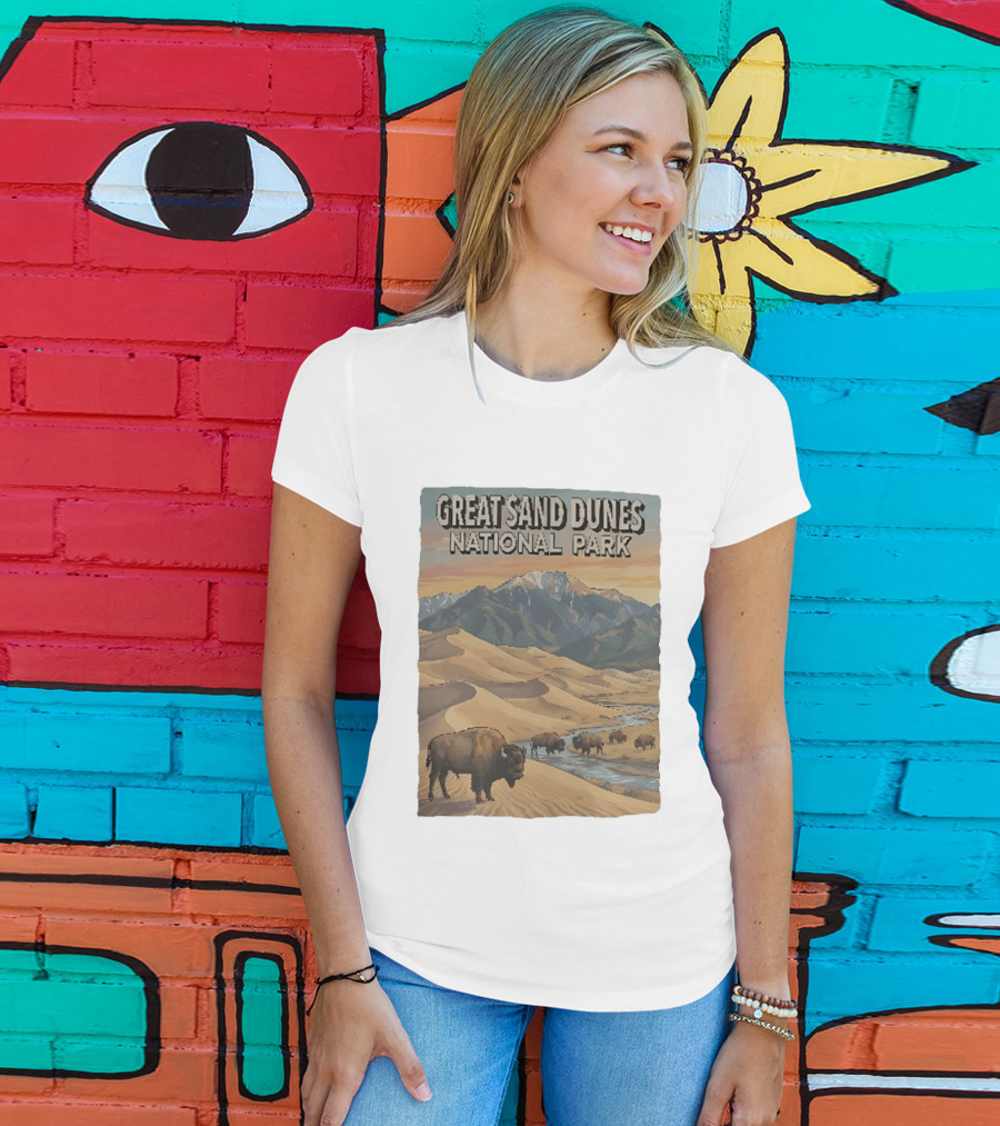 Great Sand Dunes National Park With Buffalo And Mountains Scene T-Shirt