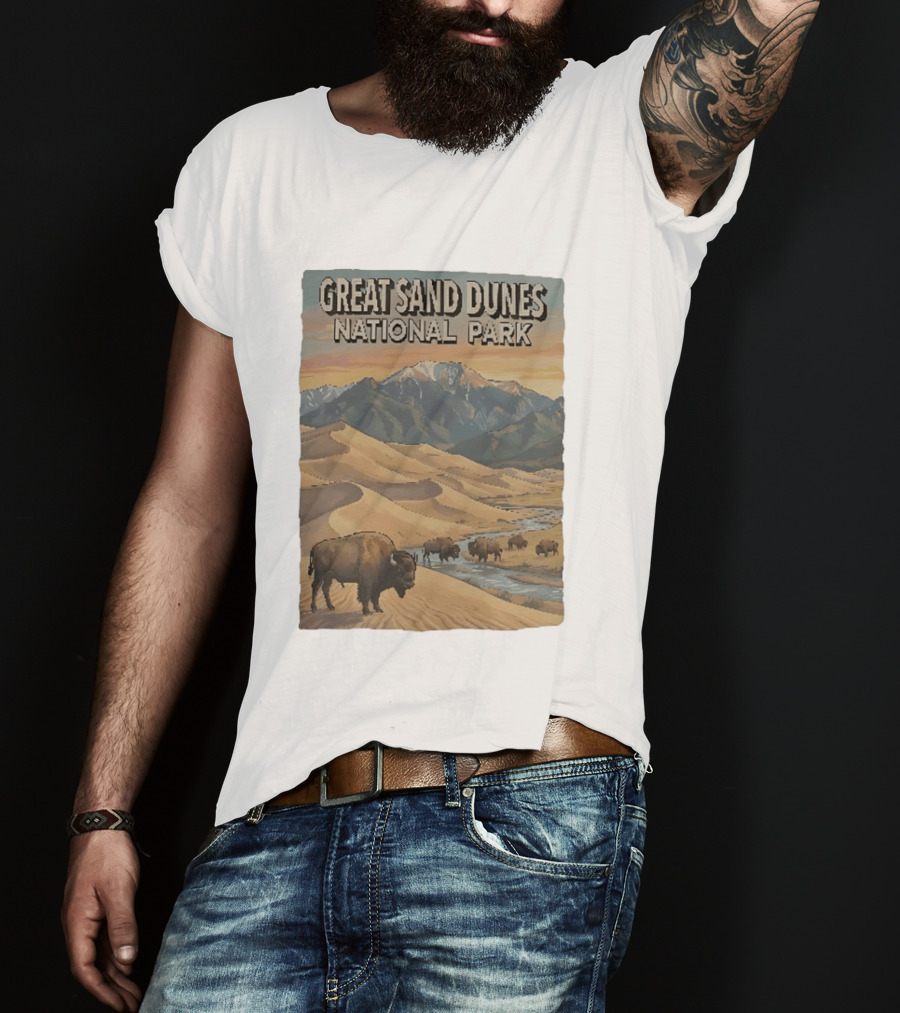 Great Sand Dunes National Park With Buffalo And Mountains Scene T-Shirt