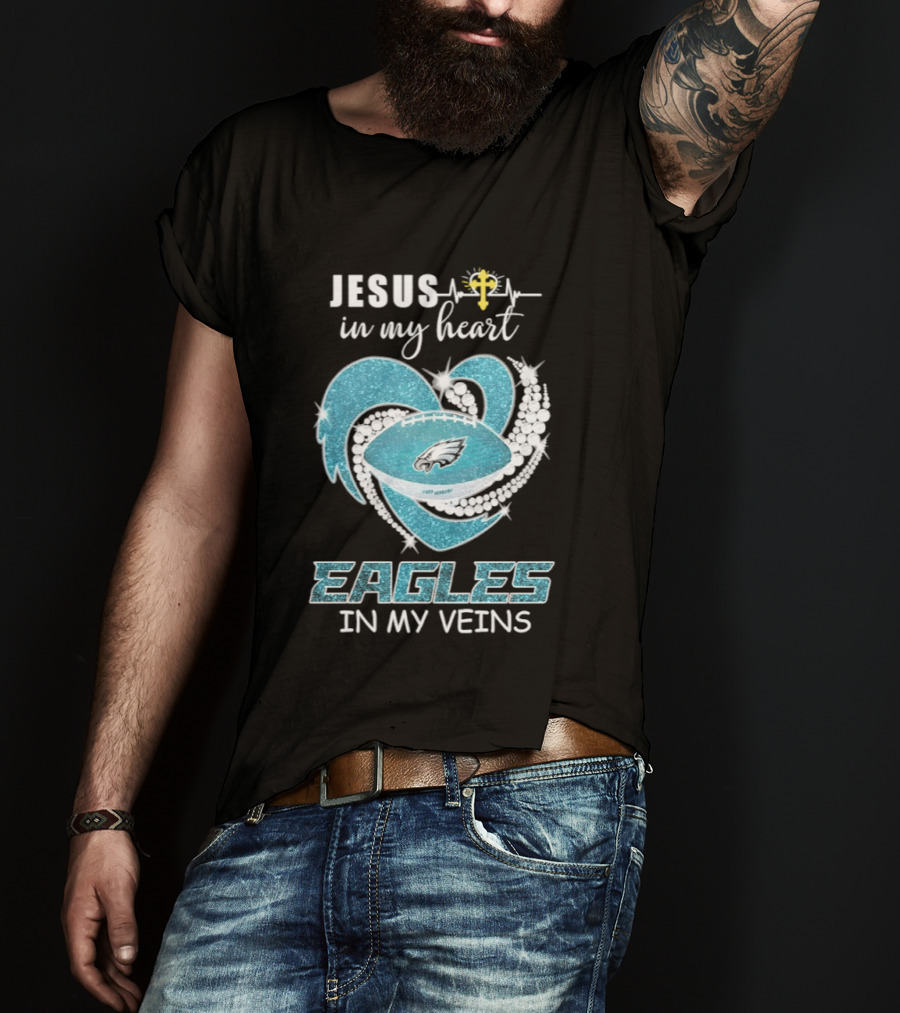 Jesus In My Heart Eagles In My Veins Diamond Heart Shape Football T-Shirt