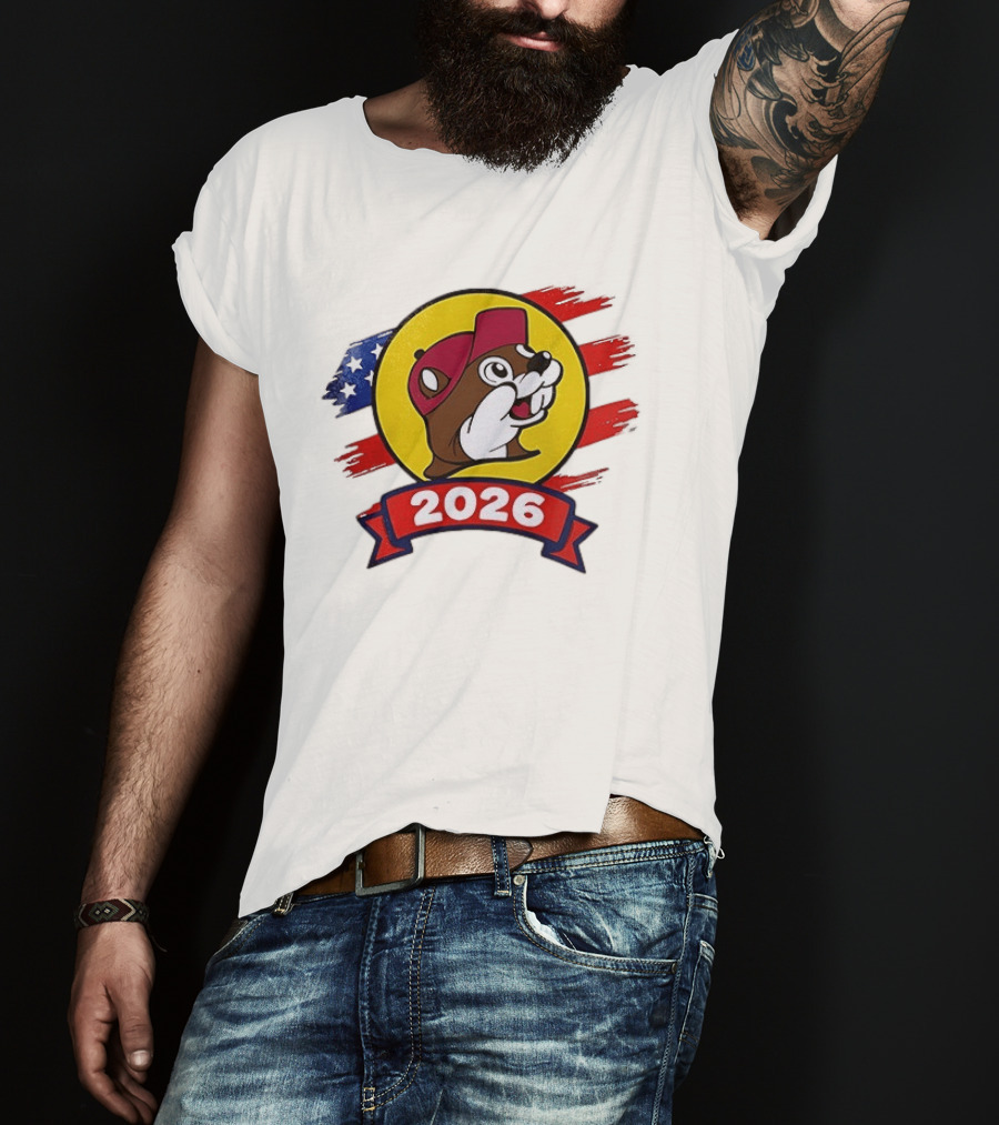 Buc Ee's 2026 Celebration With Iconic Beaver Emblem And American Flag T-Shirt