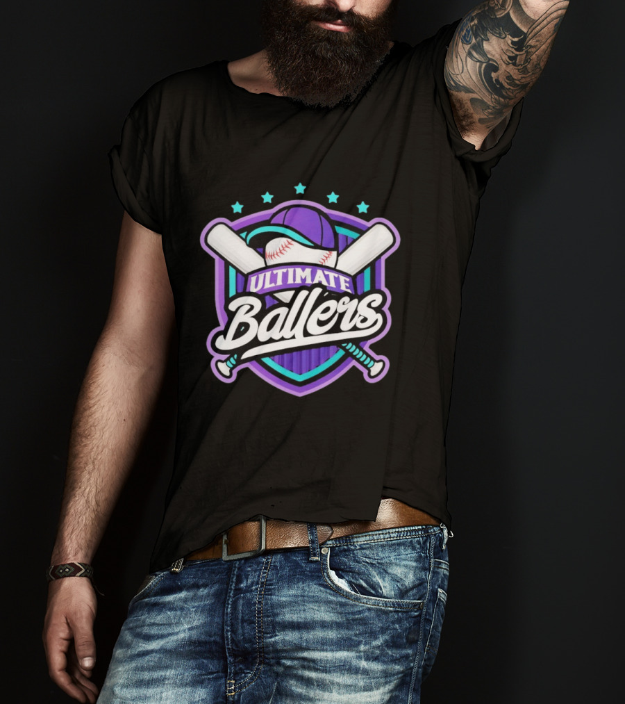 Ultimate Ballers Baseball Purple Cap Bats Retro Five Stars T-Shirt