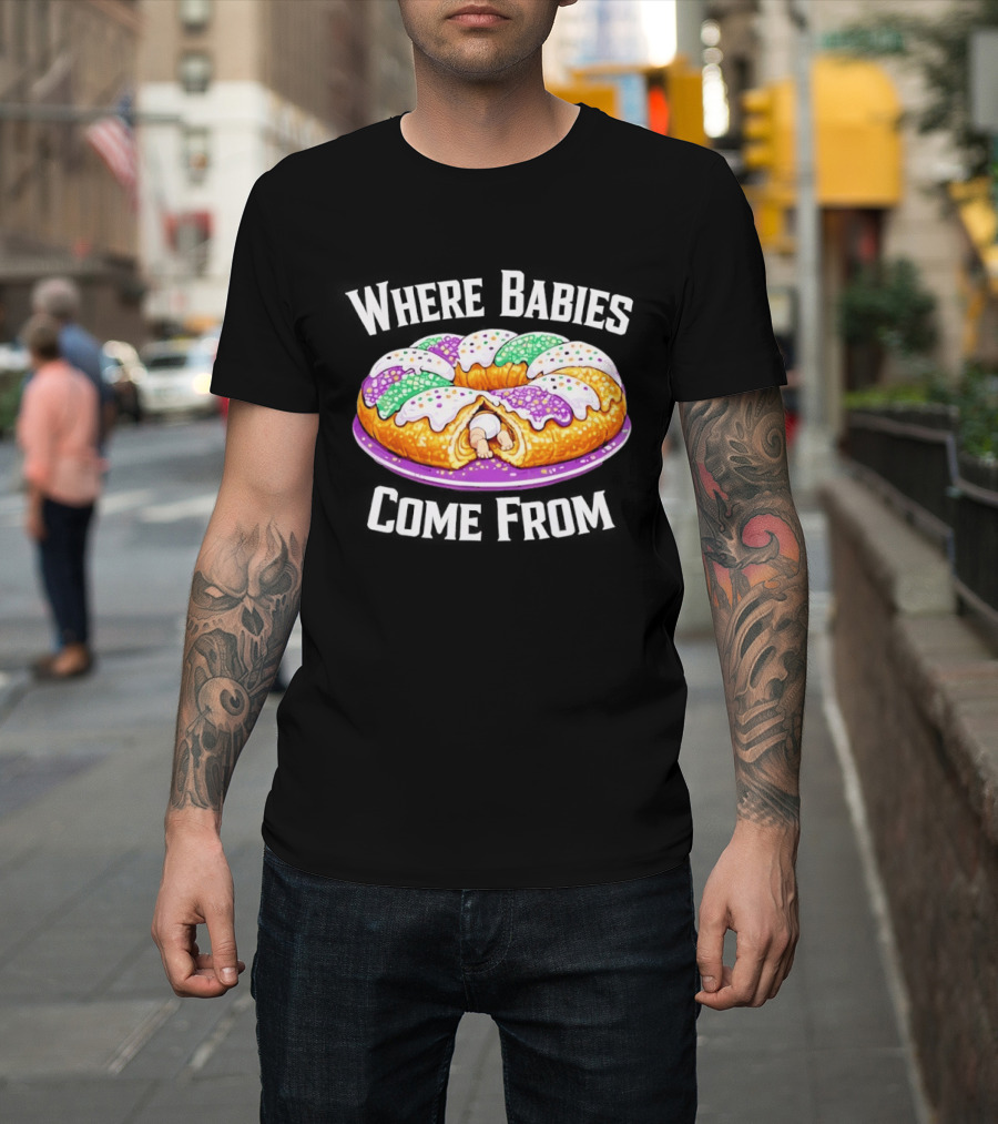 Where Babies Come From King Cake Baby Hidden Inside Mardi Gras Dessert T-Shirt