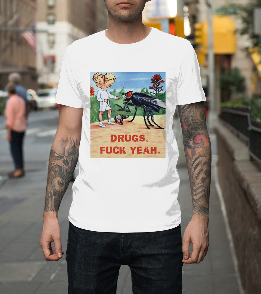 DRUGS FUCK YEAH Retro Cartoon Big Fly Tiny Elephant T-Shirt