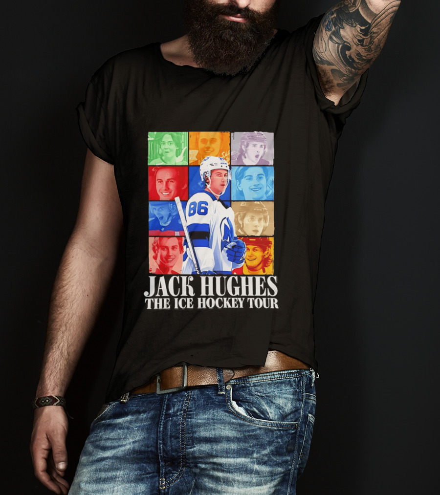 Jack Hughes 86 The Ice Hockey Tour Colorful Portrait Compilation T-Shirt