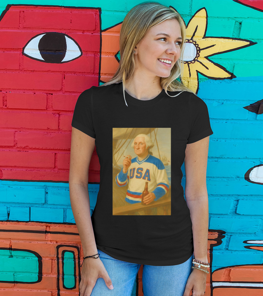 USA Hockey Jersey Wearing George Washington Smoking Holding Beer T-Shirt