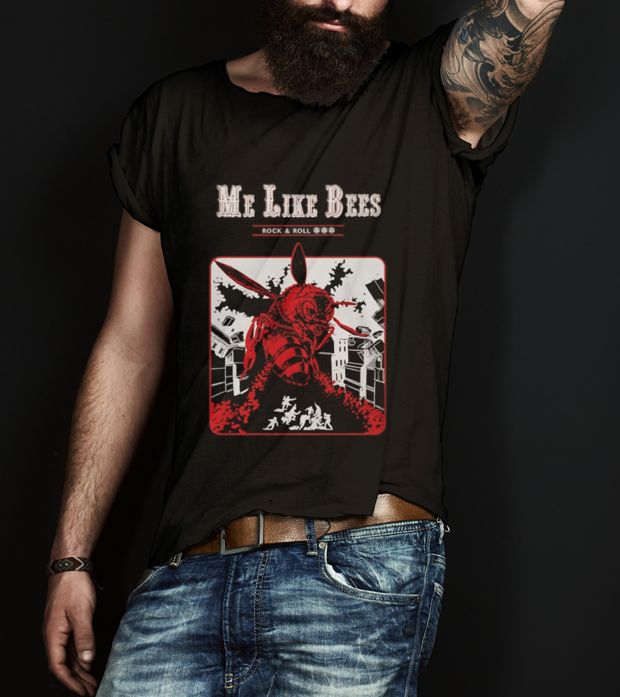 Me Like Bees Rock And Roll Urban Cartoon Style Destruction Scene T-Shirt