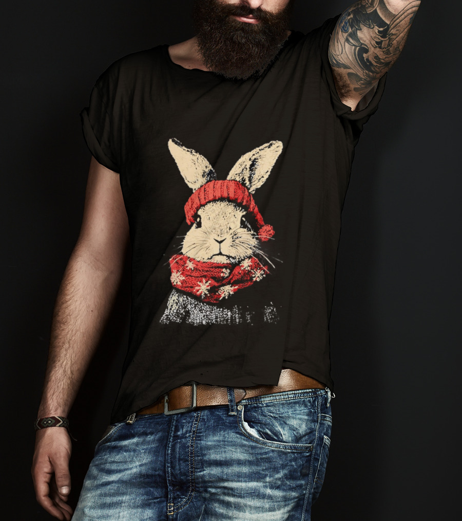 Bunny Rabbit In Red Knit Hat With Snowflake Scarf Winter T-Shirt