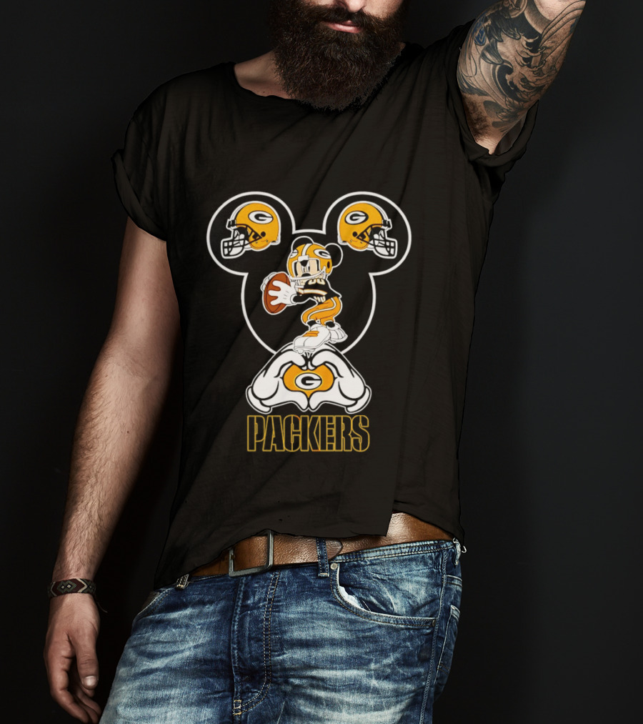 Packers Mickey Mouse Heart Hands Football Helmet T-Shirt