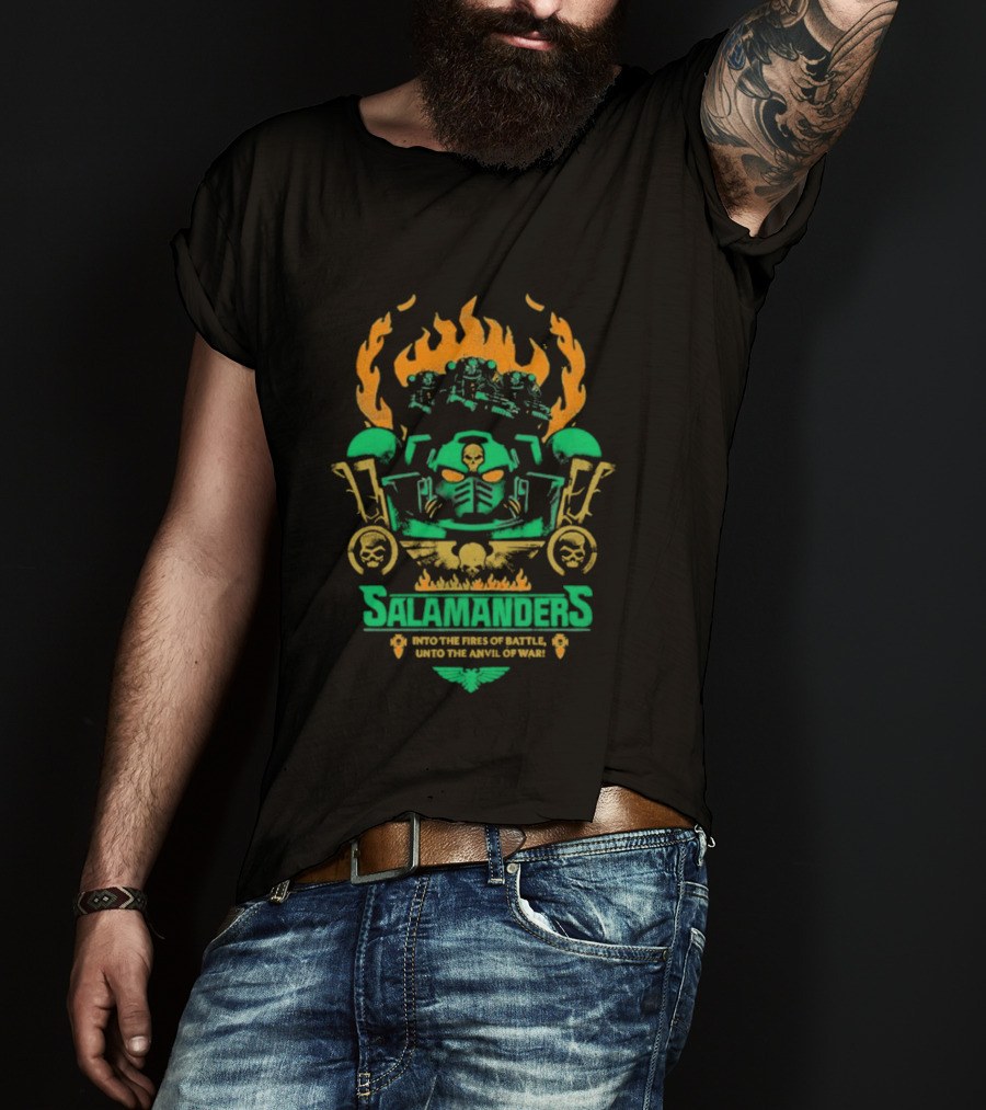 Salamanders Warhammer Into The Fires Of Battle Unto The Anvil Of War Flames And Skulls T-Shirt