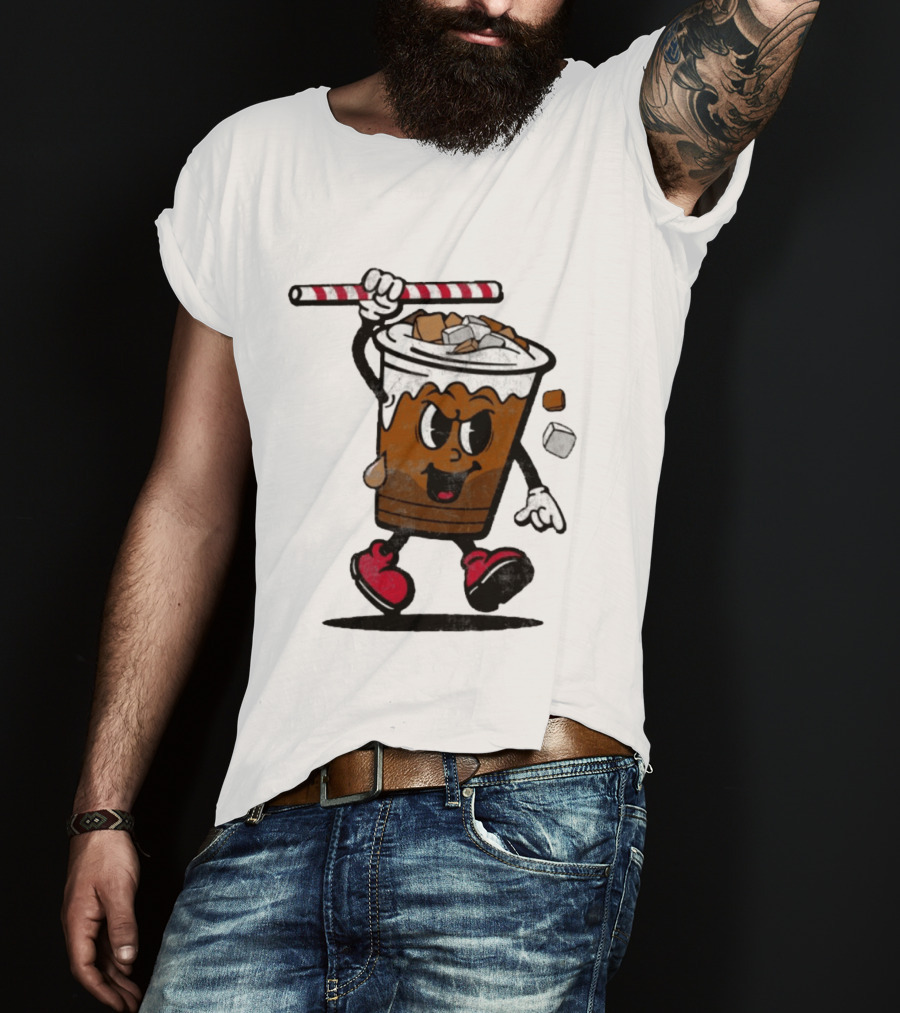 Reading Iced Coffees Cartoon Cup Character Fun T-Shirt
