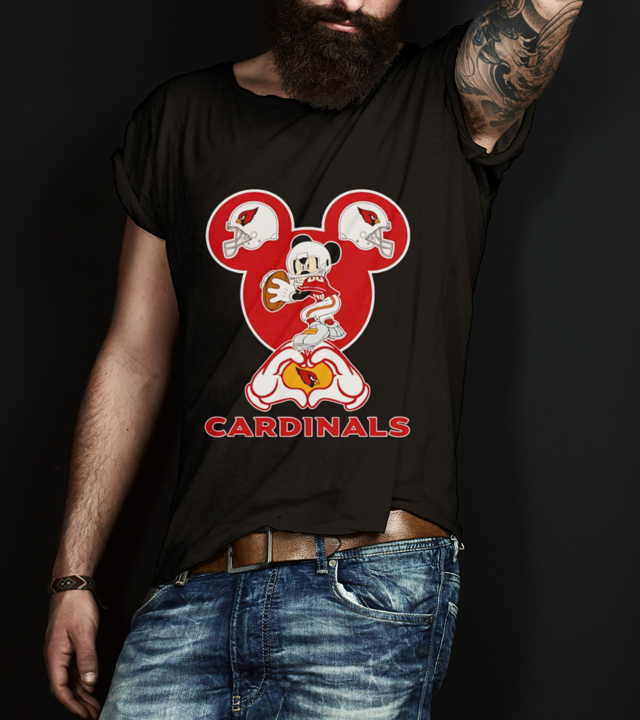 Arizona Cardinals Mickey Mouse Heart Hands Football Helmets T-Shirt