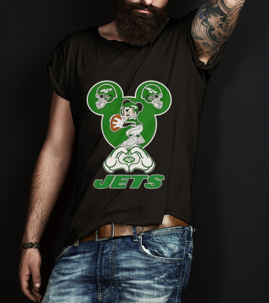 New York Jets Mickey Mouse Football Heart Hands T-Shirt