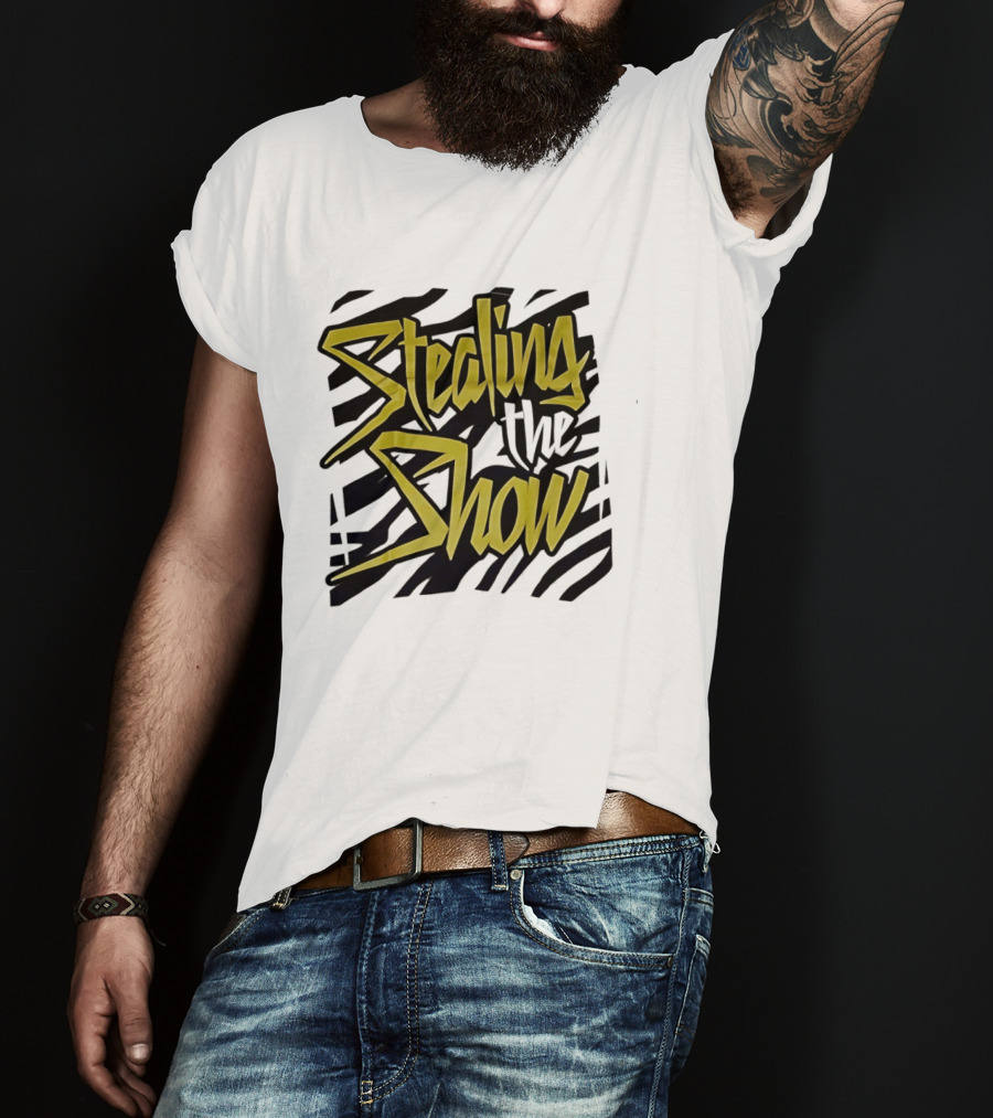 Stealing The Show Bold Graffiti Style Text On Striped T-Shirt