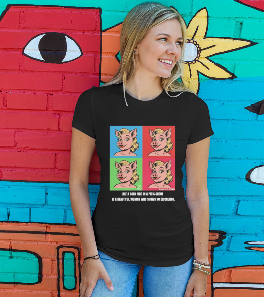 Proverbs 11:22 NIV Pig Pop Art Style Blonde Pig Panels T-Shirt
