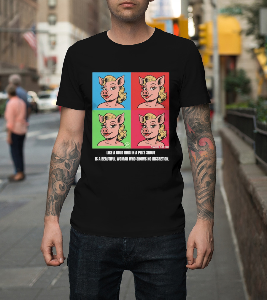 Proverbs 11:22 NIV Pig Pop Art Style Blonde Pig Panels T-Shirt