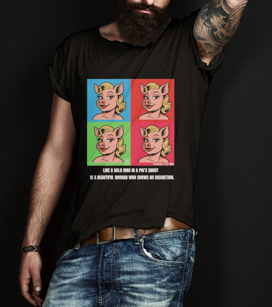 Proverbs 11:22 NIV Pig Pop Art Style Blonde Pig Panels T-Shirt