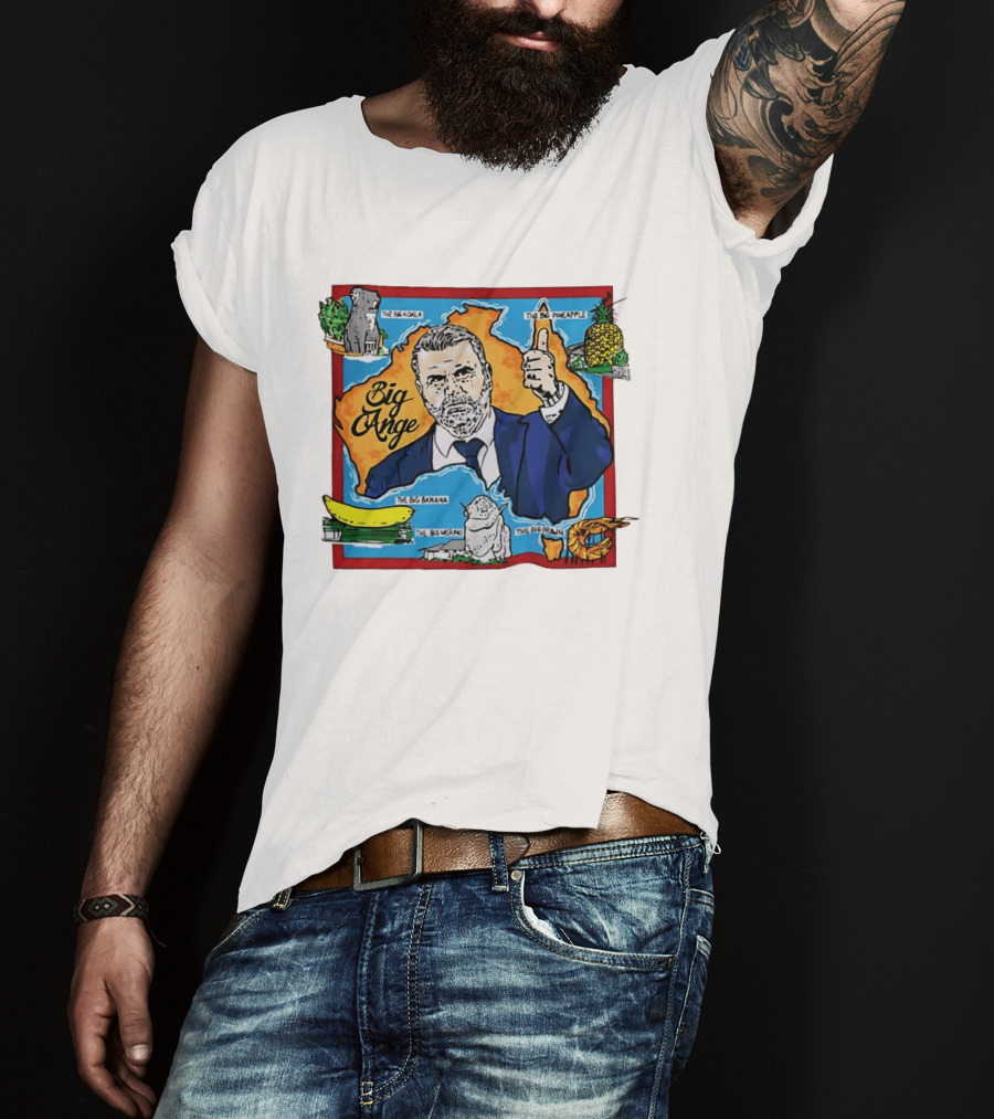 Big Ange Cartoon Australia Map With Koala Pineapple Banana Merino Prawn T-Shirt