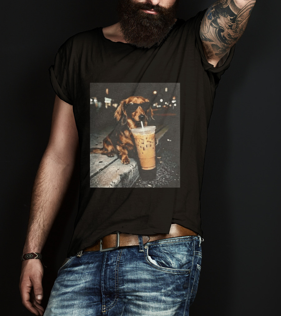 Dachshund Enjoying Iced Coffee With Sunglasses T-Shirt