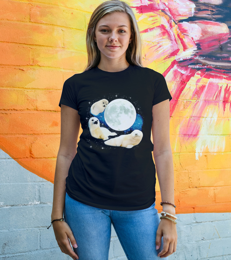 Adorable Seals Playfully Resting Under A Radiant Full Moonlit Sky With Cosmic Backdrop T-Shirt