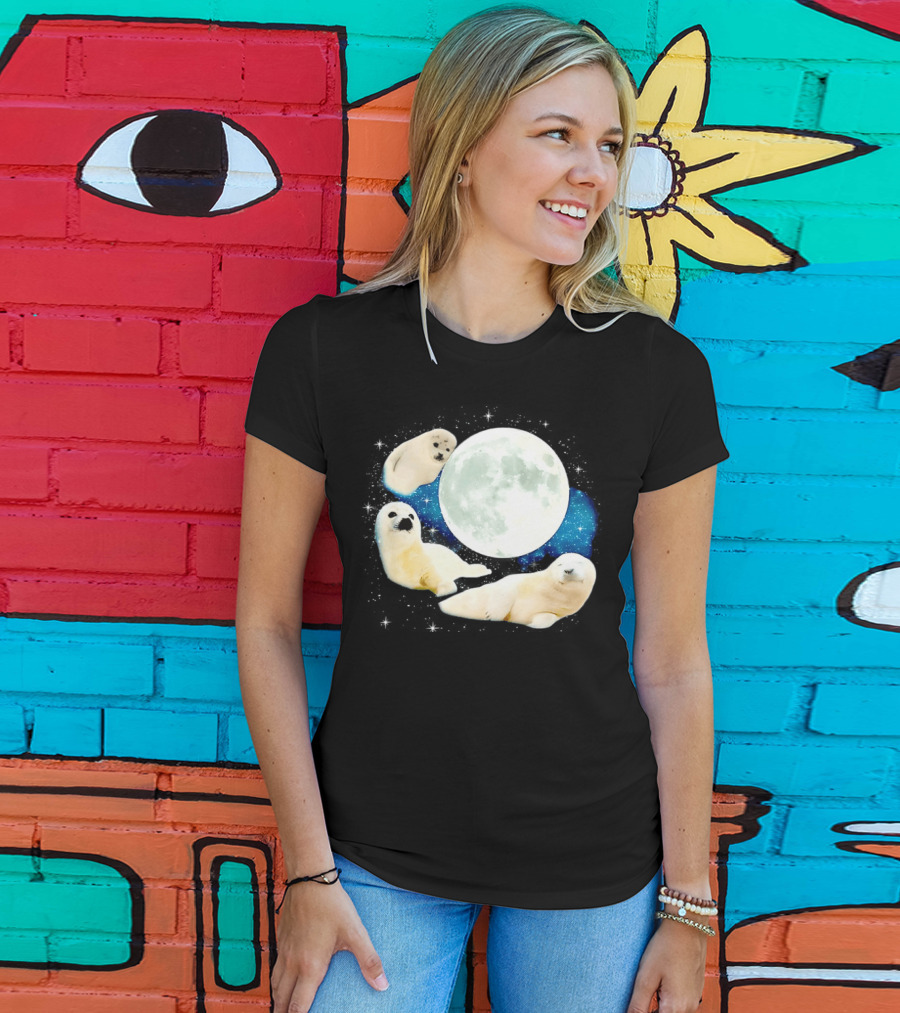 Adorable Seals Playfully Resting Under A Radiant Full Moonlit Sky With Cosmic Backdrop T-Shirt