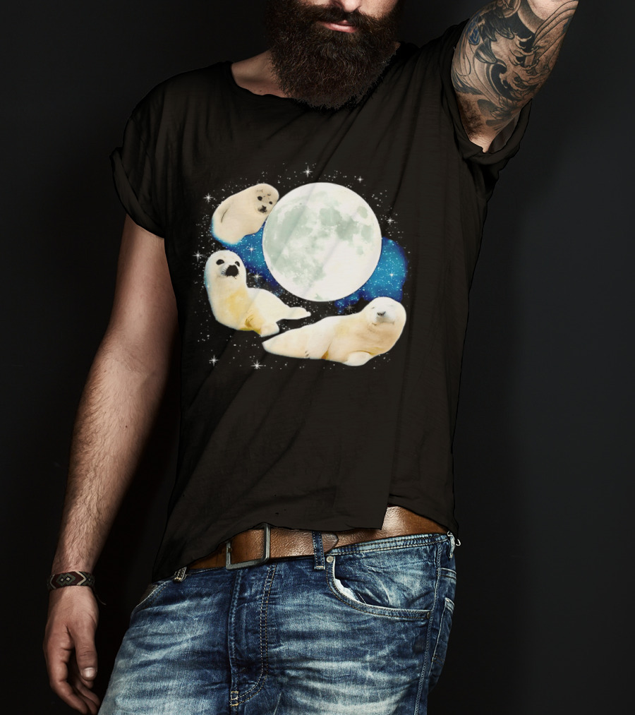 Adorable Seals Playfully Resting Under A Radiant Full Moonlit Sky With Cosmic Backdrop T-Shirt