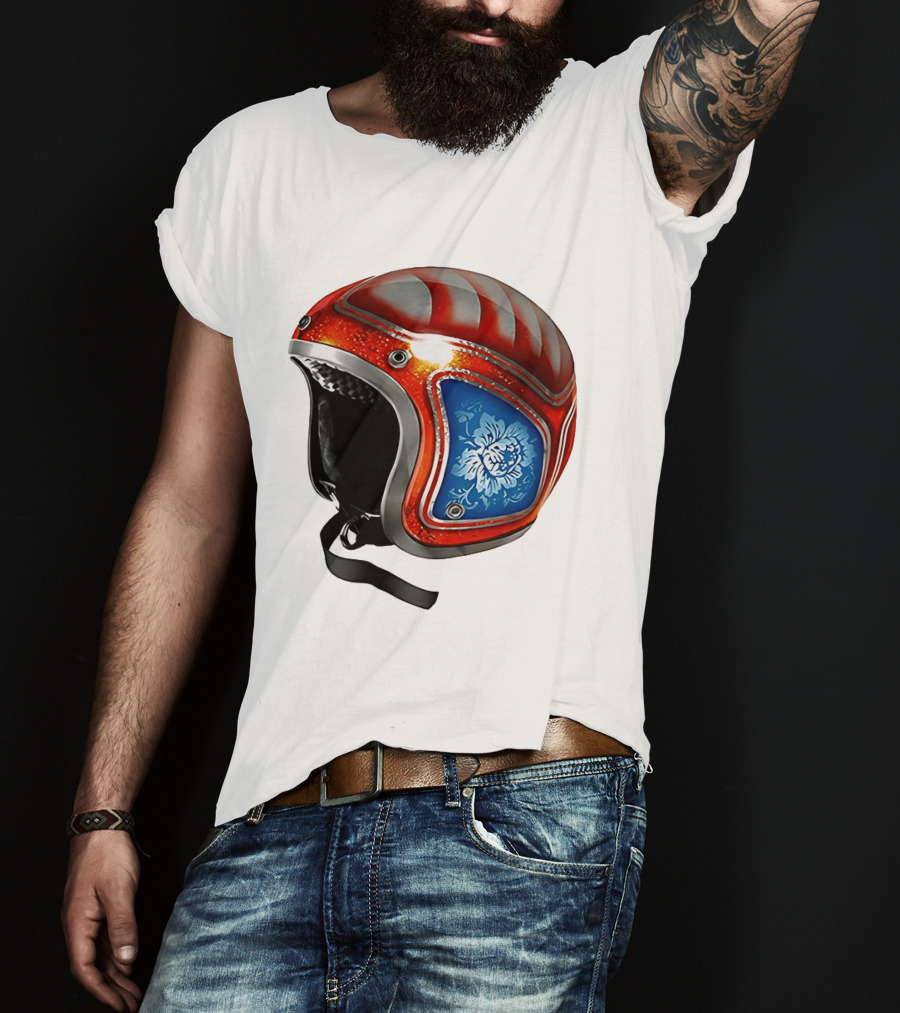 Blue Bloom Racer Helmet Red White Stripes Floral Blossom T-Shirt