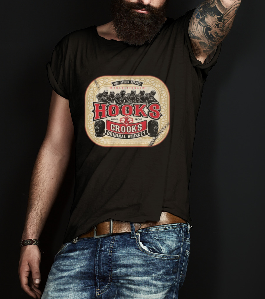 Side Action Apparel Traditional Hooks Crooks Original Whiskey 100 Proof T-Shirt