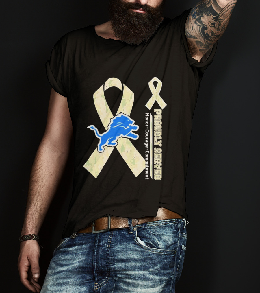 Detroit Lions Camo Ribbon Proudly Served Honor Courage Commitment T-Shirt