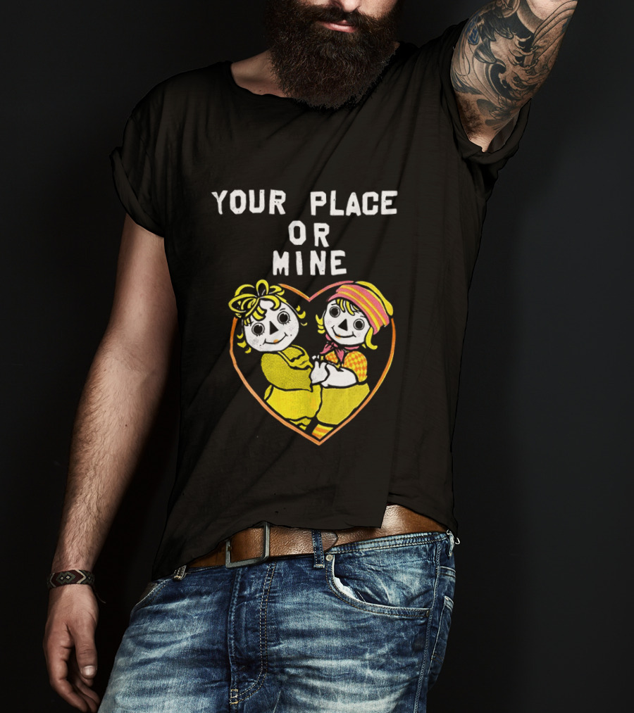 Your Place Or Mine Romantic Cartoon Couple In Heart T-Shirt