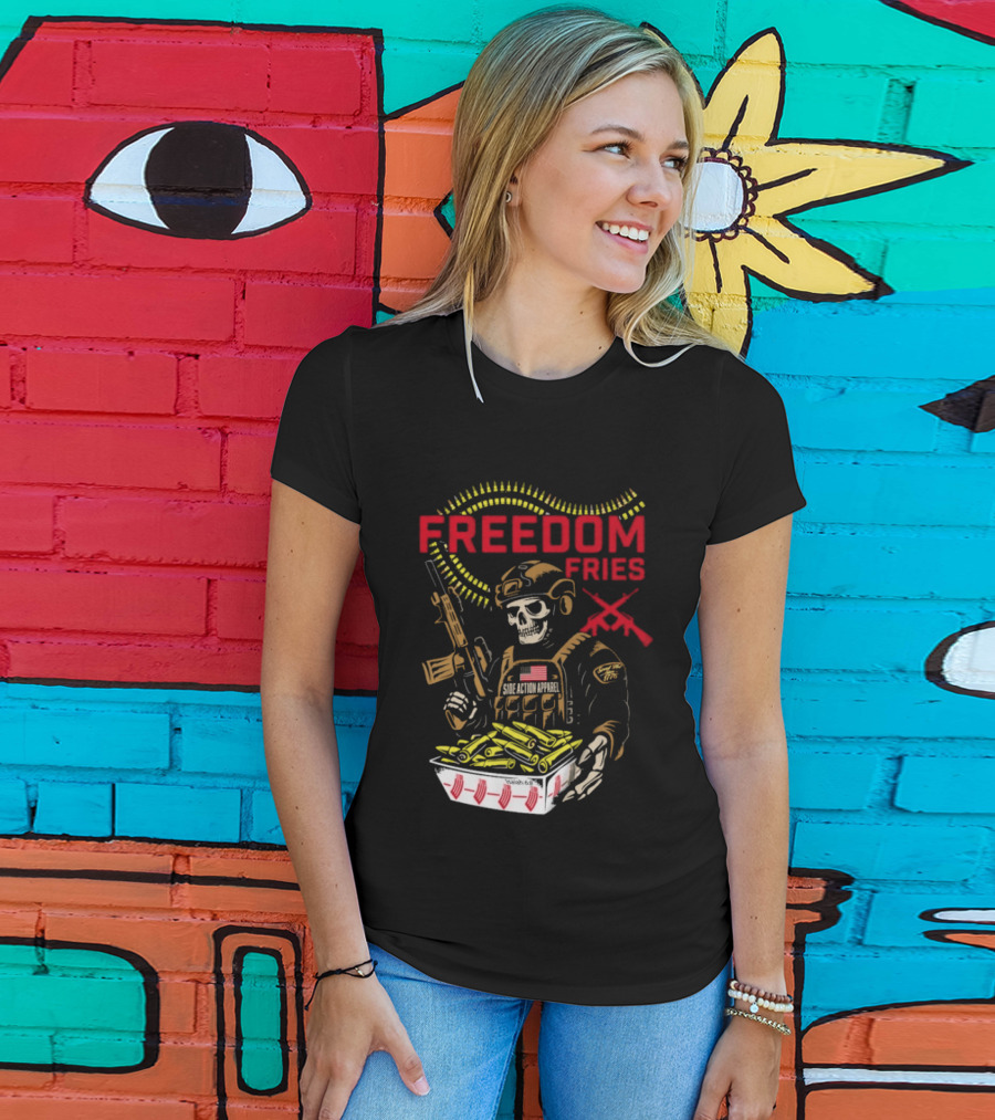 Freedom Fries Military Skeleton With USA Flag And Rifle T-Shirt