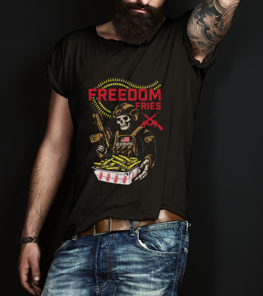 Freedom Fries Military Skeleton With USA Flag And Rifle T-Shirt