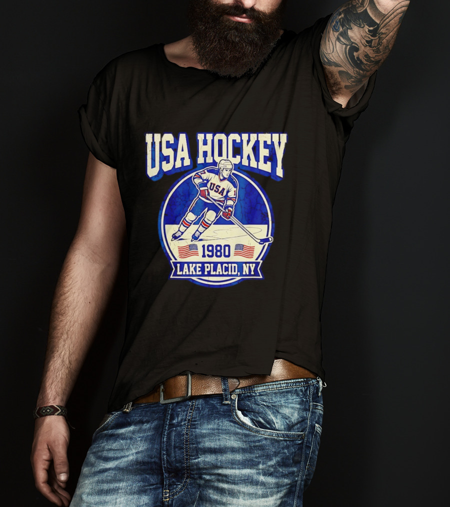 USA Hockey 1980 Lake Placid NY American Flag Ice Skater T-Shirt