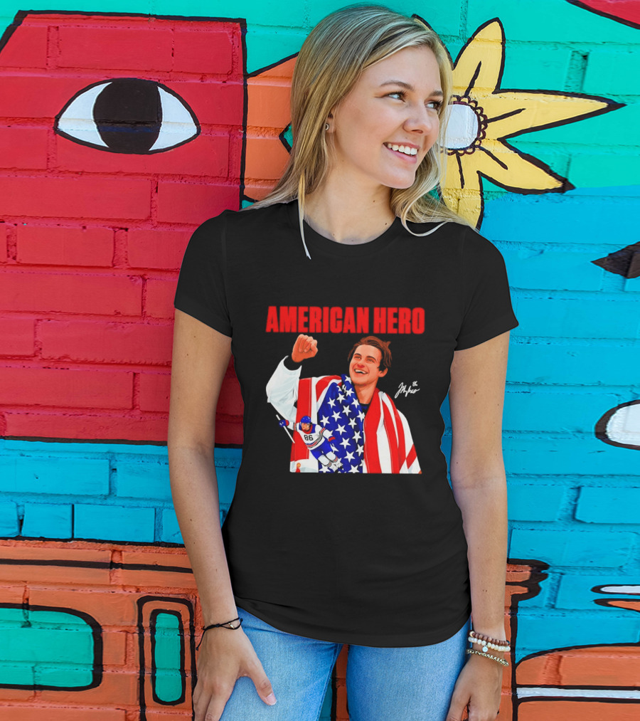 American Hero Jack Hughes USA Flag Hockey T-Shirt