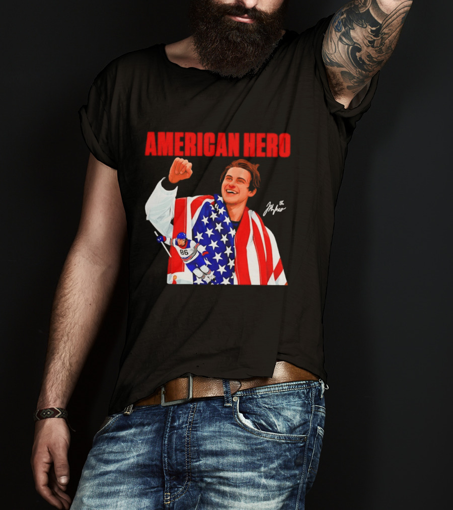 American Hero Jack Hughes USA Flag Hockey T-Shirt
