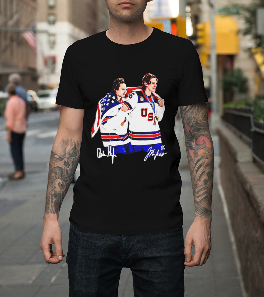 USA Hockey Golden Jack Hughes Jack Quinn American Flag Celebration T-Shirt