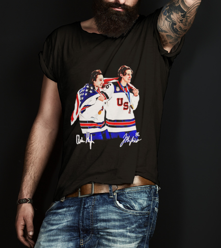 USA Hockey Golden Jack Hughes Jack Quinn American Flag Celebration T-Shirt