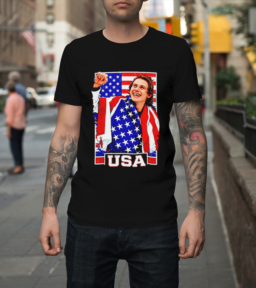 USA Flag Jack Hughes Olympic Hockey 2026 Golden Goal Celebration T-Shirt