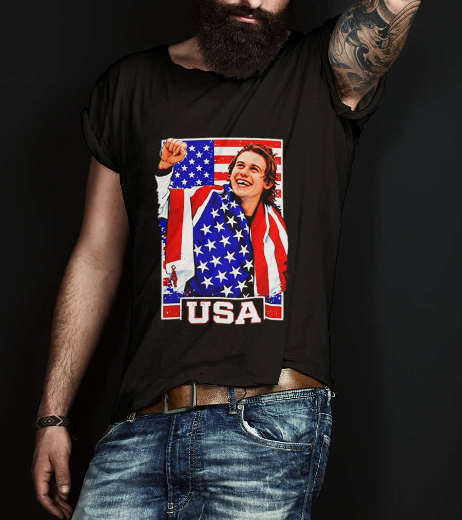 USA Flag Jack Hughes Olympic Hockey 2026 Golden Goal Celebration T-Shirt