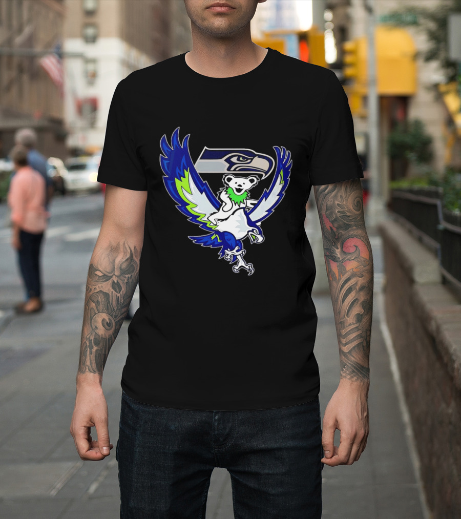 Seattle Seahawks Grateful Dead Bear Riding Seahawk Wings T-Shirt