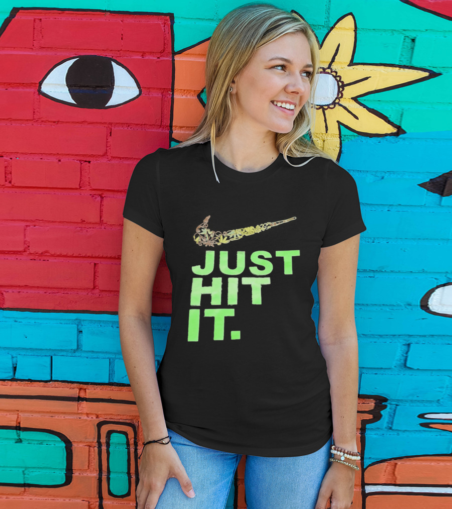 Just Hit It Classic Swoosh Flaming Bat Baseball T-Shirt
