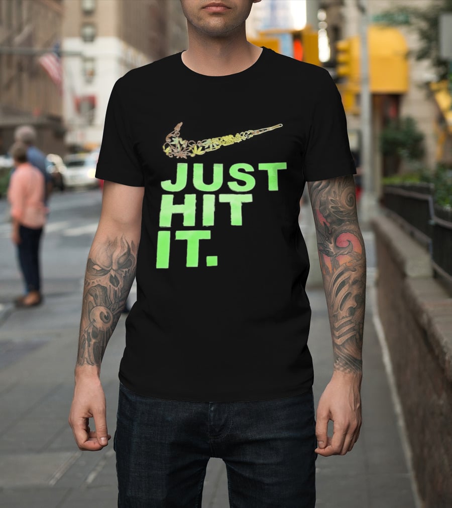 Just Hit It Classic Swoosh Flaming Bat Baseball T-Shirt